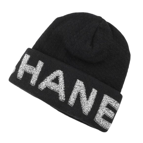 CHANEL Logo knit hat Wool 70%/Cashmere30% Black/Gray - Picture 2 of 10